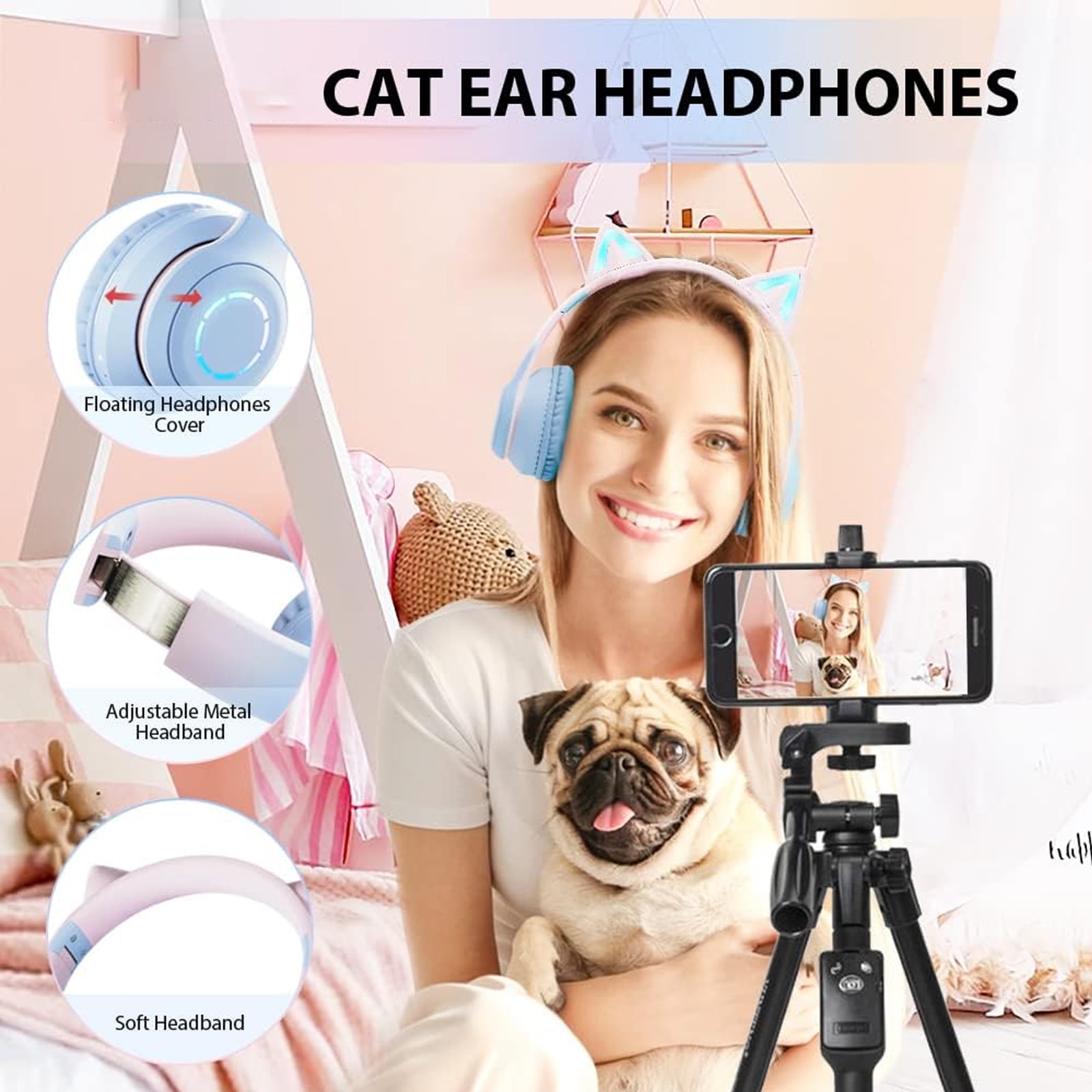 Soapow Cat Ear Kids Bluetooth Headphones for Girls for School, Foldable Gaming Headset with Microphone/LED Light up, Adjustable Headband Teens Toddlers Wireless Earphones for Tablet/PC(Green)
