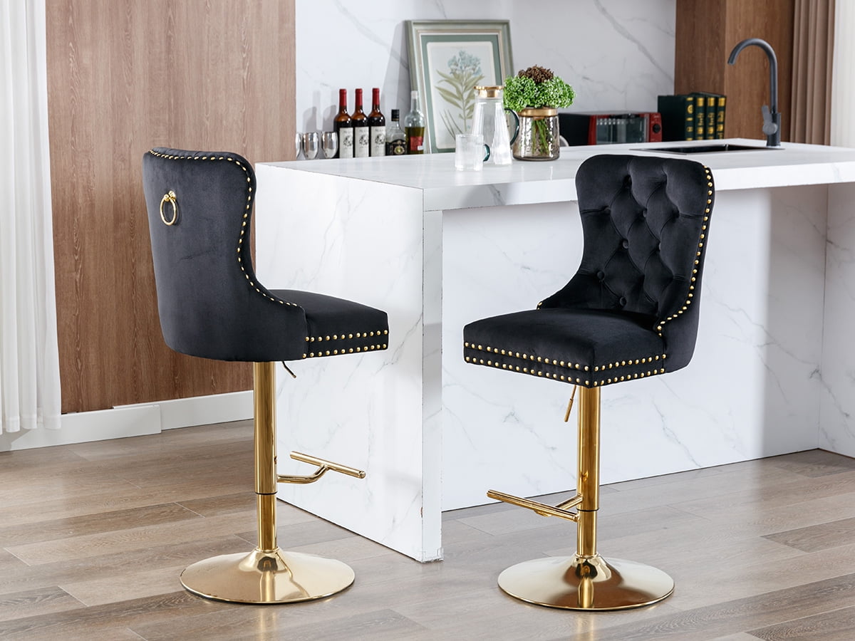 Black Velvet Swivel Bar Stools Set of 2 with Upholstered Back, Adjustable Counter Height Barstools, Bar Chairs for Home Bar Kitchen Island Pub Restaurant (2 Pcs, Black)