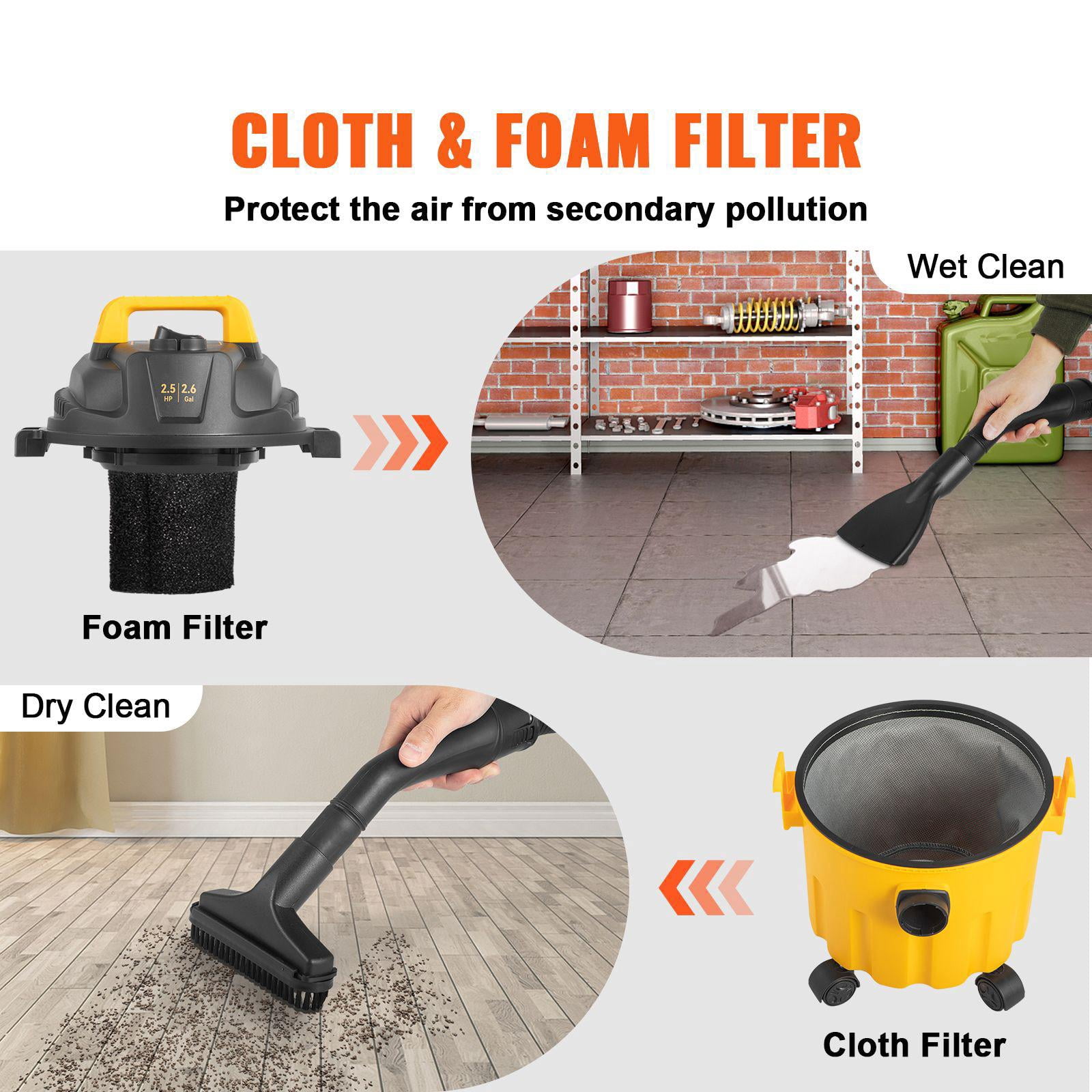 2.6 Gallon 2.5 Peak HP 3 in 1 Portable Wet Dry Shop Vacuum with Blowing Function and Attachments Storage for Floor Upholstery Gap Car Cleaning Black Yellow ETL Listed