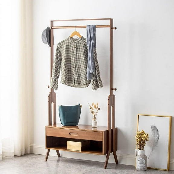 Bamboo Wooden Garment Rack Freestanding Closet Organizers and Storage Drawers with Seat&Hooks, Coat Rack, Open Wardrobe for Entryway and Bed Room Storage (32.9(L) x 13(W) x 66.5(H))