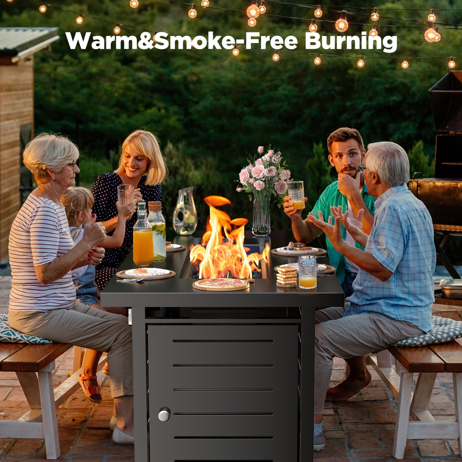 Philergo 43" Propane Fire Pits for Outside 60,000 BTU Gas Fire Pit Table for Outside with Lid , Glass Beads, Cup Holders, Hanging Shelf & Nylon Cover, Rectangle