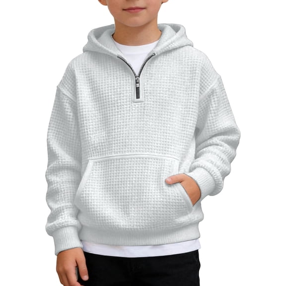 IWRICH Boys Quarter Zip Hoodies Waffle Knit Kids Long Sleeve Hooded Sweatshirts Pullover Tops Clothes,Size 4-14 Years White 160
