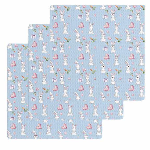 Easter Bunny Kitchen Dish Towels for Drying Dishes Set of 3, Spring Carrots Cute Rabbit Pink Love Heart Blue Waffle Weave Microfiber Hand Tea Bathroom Towels Quick Dry & Absorbent Towel 12x12