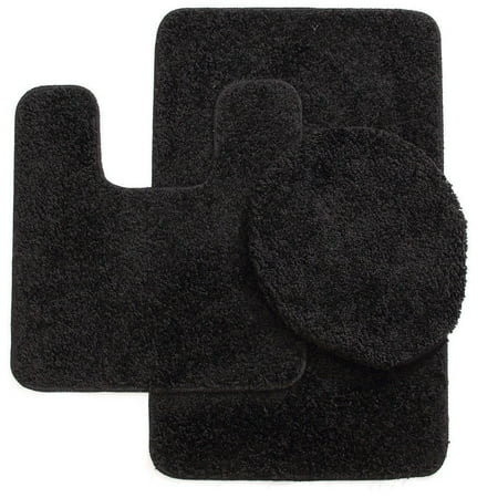3 Pc Black Bathroom Set Bath Mat Rug Contour And Toilet Lid