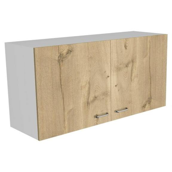 TUHOME Wall Cabinet with Two Doors, White and Light Oak