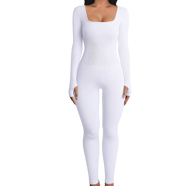 Fortune Women Bodysuits Ribbed Knit Bodycon Jumpsuits Long Sleeve One Piece Romper