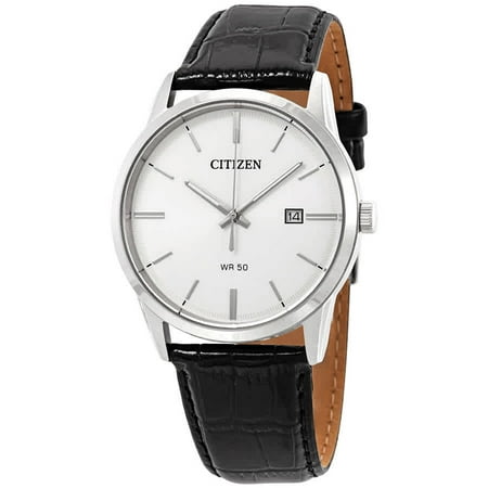 Dress Quartz Strap Watch - Mens Quartz Dress Watch - Black Leather Strap - Silver/White Dial - Date