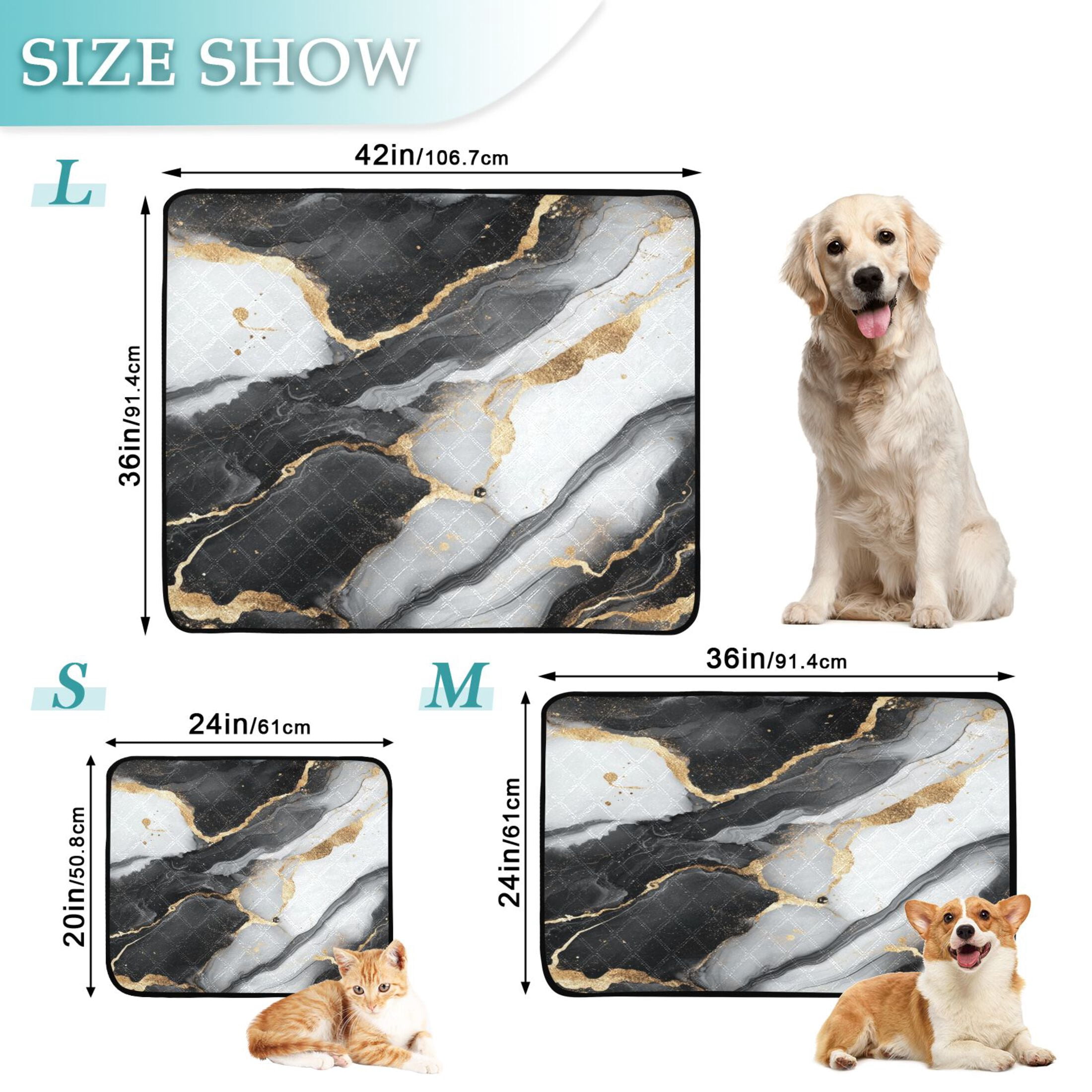 Qxltty Gilt Black Veined Marble Cat litter Pads Pet Set of 3 Diaper Mats Center Anti-leakage Layer Absorbent Soft and Comfortable