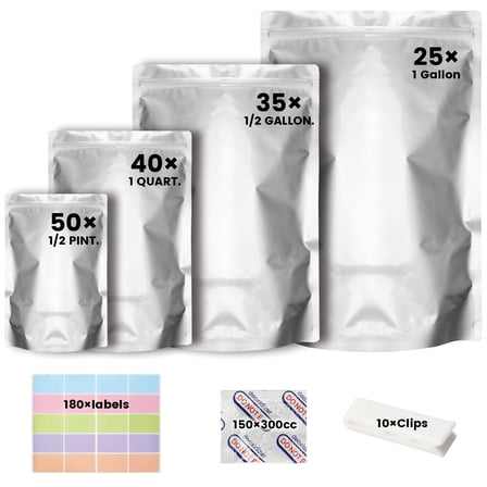 Wattne 150 pcs Mylar Bags for Food Storage With Oxygen Absorbers, 4 Size Set(1 Gallon, 1/2 Gallon, 1 Quart, 1/2 Pint) 300cc Oxy-Sorb (Individually Sealed)
