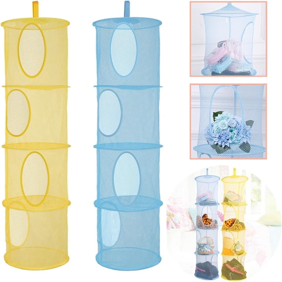 2 Pcs Hanging Mesh Space Saver, 4 Compartment Foldable Hanging Toy Storage Organizer Large Teddy Bear Storage Net Bag Basket for Kids Room Bathroom Balcony (Yellow&Blue)