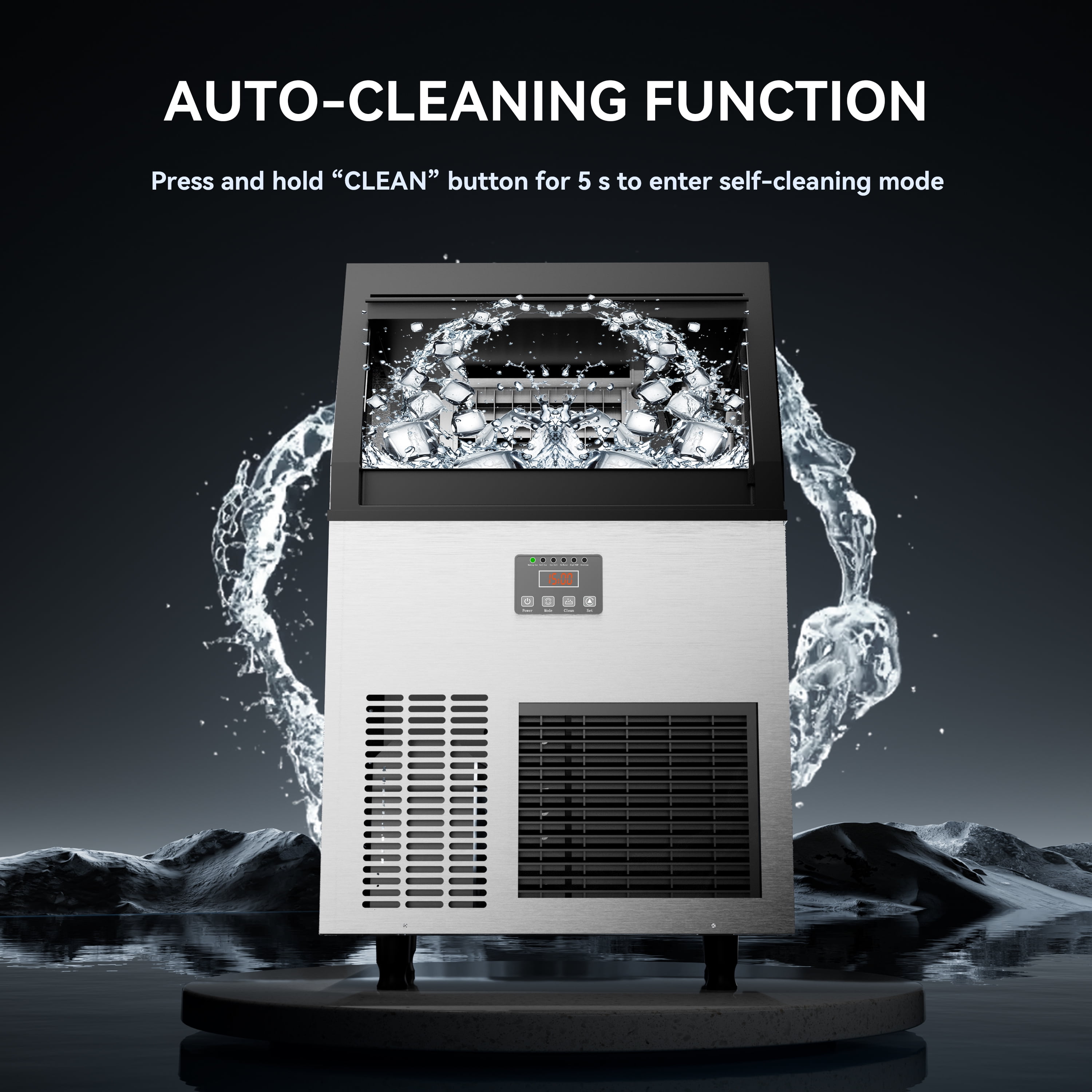 COOLAKE Commercial Ice Maker Machine 130lbs/24H, Under Counter Ice Machine with 34lbs Storage, 115V Air Cooled Stainless Steel Freestanding Ice Maker for Home Outdoor