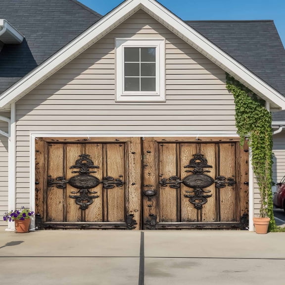 Farmhouse Brown Garage Door Cover Banner 7 x 8 FT, Rustic Wooden Historical Barn Door Plank Garage Door Curtains Backdrop with Grommets for Indoor Outdoor Wall Party Porch Yard Decorations Background
