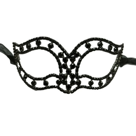 Black Crystal Rhinestone Sheer Ribbons Masquerade Prom New Years Mask