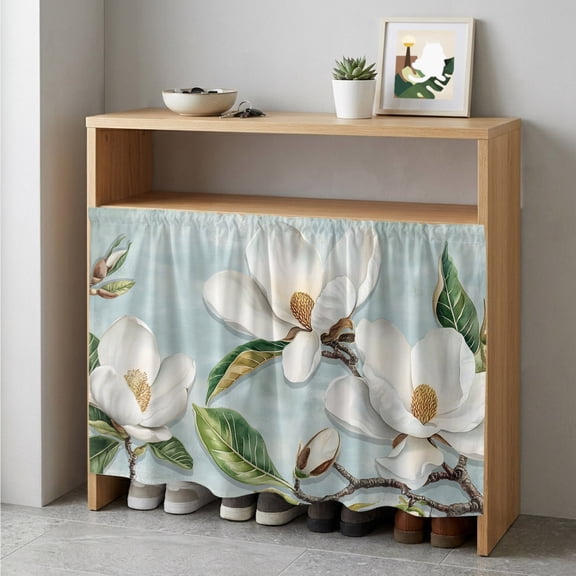 Botanical Flowers Cabinet Curtain 35"Wx35"L, Dustproof Under Sink Skirt with Self Adhesive Tape, Country Magnolia Leaves Branches Cabinet Curtain Cover for Kitchen Sink, Bathroom Vanity, Laundry Room