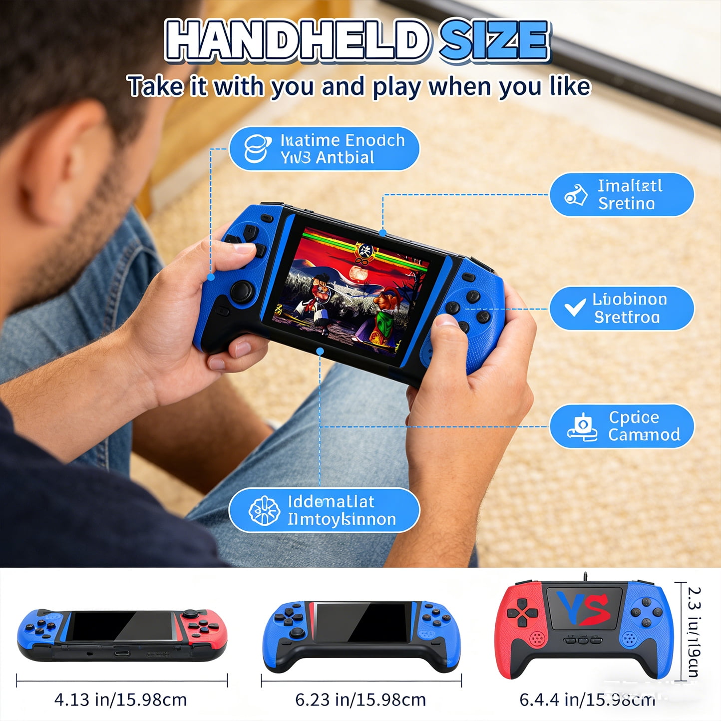 Shixing Pocket Gaming Console Project X Red and Blue 4.3-inch HD IPS Screen 64GB 500-in-1 Games 1-Pack