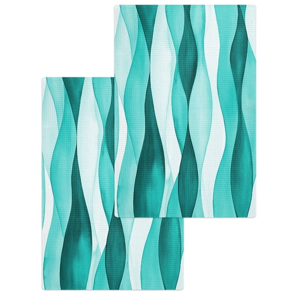 Turquoise Stripes Kitchen Dish Towels for Drying Dishes Set of 2, Vintage Farmhouse Ripple Texture Art Waffle Weave Microfiber Hand Tea Bathroom Towels Quick Dry & Absorbent Towel 15.7x23.6