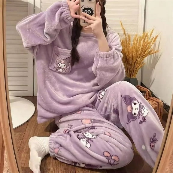 Kuromi Coral Fleece Pajamas My Melody Hello Kitty Cartoon Autumn and Winter Plush Thickened Ins Student Dormitory Homewear Set