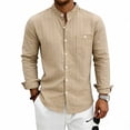 thumbnail image 4 of Qiyinn Men's Cotton Linen Long Sleeve Shirts Casual Button Down Banded Collar Shirt Beach Summer Tops with Pocket, 4 of 8