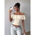 thumbnail image 6 of Women'S Off the Shoulder Blouse Ruffle Short Sleeve Smocked Going Out Crop Tops Apricot S, 6 of 9
