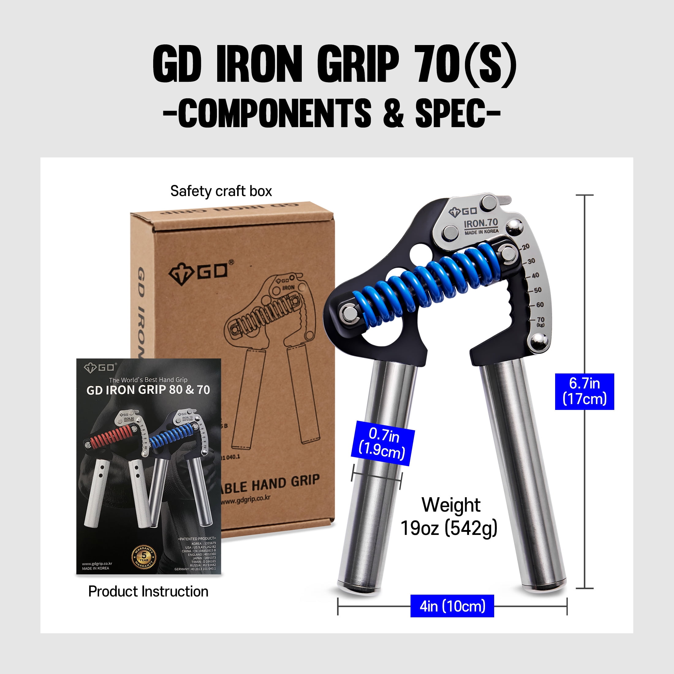 GD IRON GRIP 70(S) Adjustable Hand Grip Strengthener, 44~154lbs Grip Strength Trainer Premium Forearm Strengthener Hand Gripper for Grip Strength