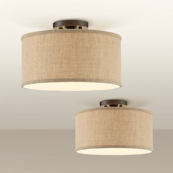 360 Lighting Adams Modern Ceiling Light Semi Flush Mount Fixtures 14" Wide Set of 2 Bronze Burlap Fabric Drum Shade for Bedroom Kitchen Living Room