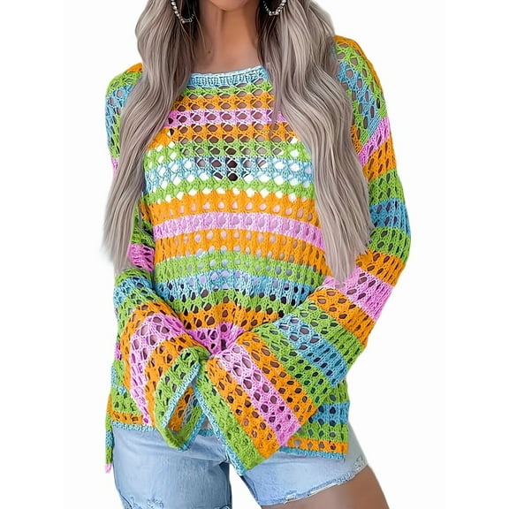 Women Crochet Cover Up Striped Swimwear Cutout Beach Coverup Top Color S