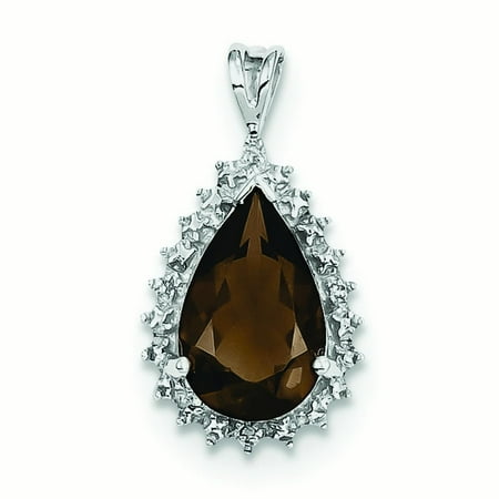 Smokey Topaz 2 Light - Sterling Silver Rhodium Smokey Quartz and Diamond Pear Pendant - .01 dwt 3.35 cwt