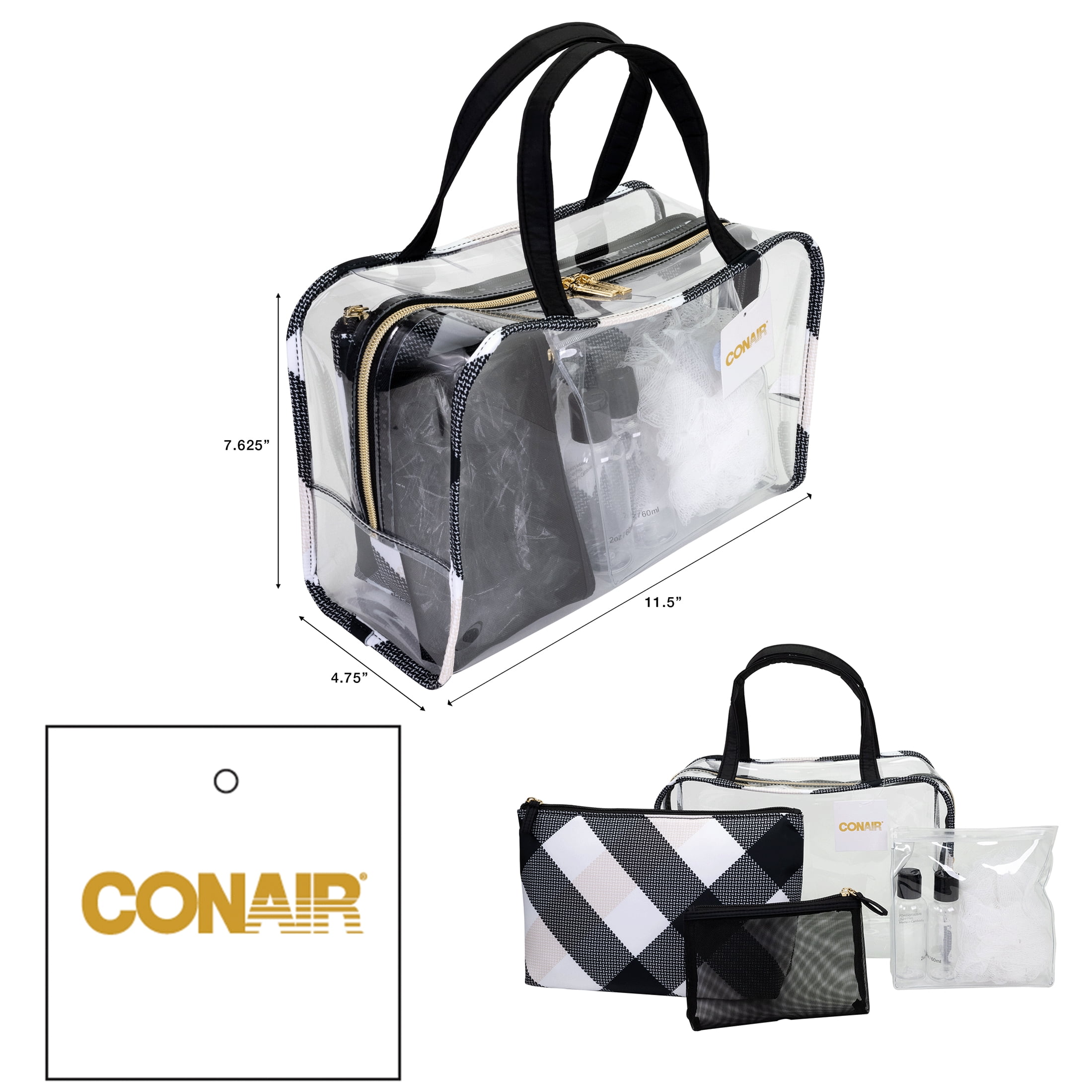 Conair Weekender 7pc Black Plaid Cosmetic Bag