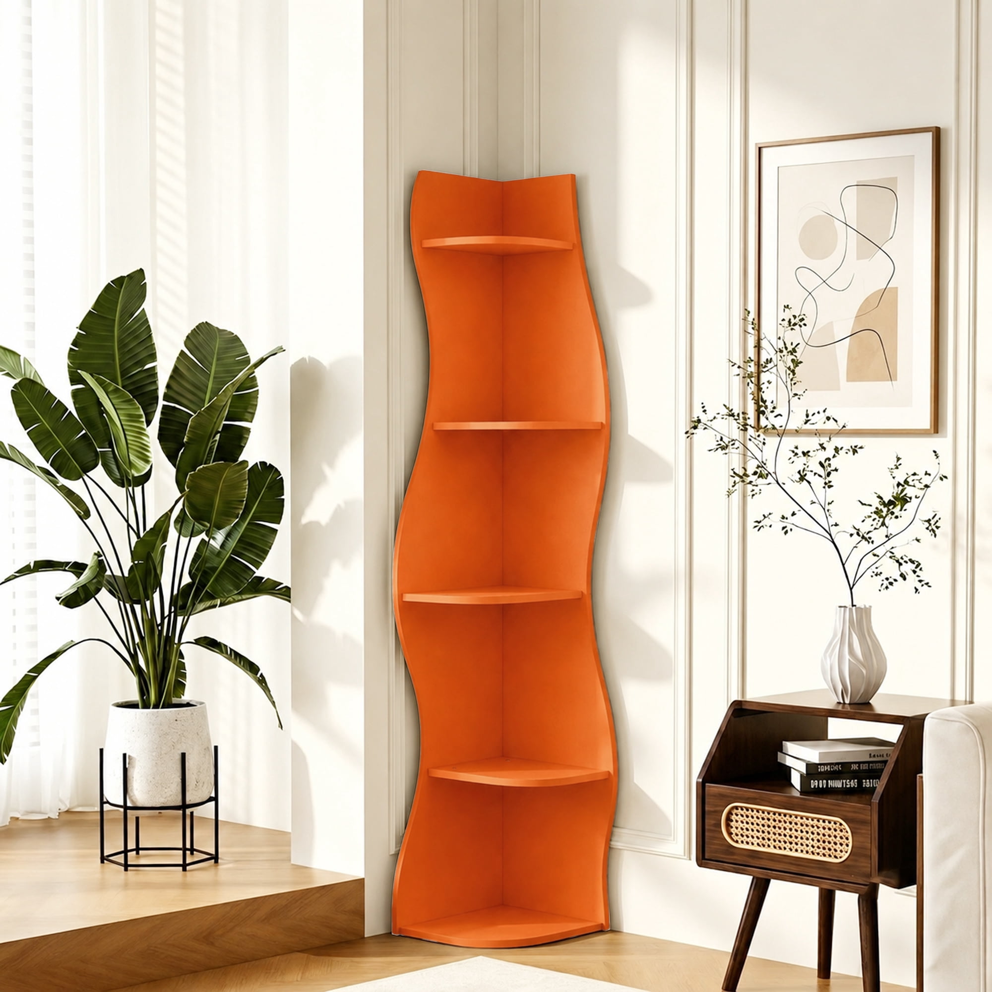 Leumius 5-Tier Bookshelf,Freestanding S-Shaped Corner Shelf Curved Display Rack,Space-Saving Corner Display Bookshelf/Plant Stand for Living Room Home Office,Orange