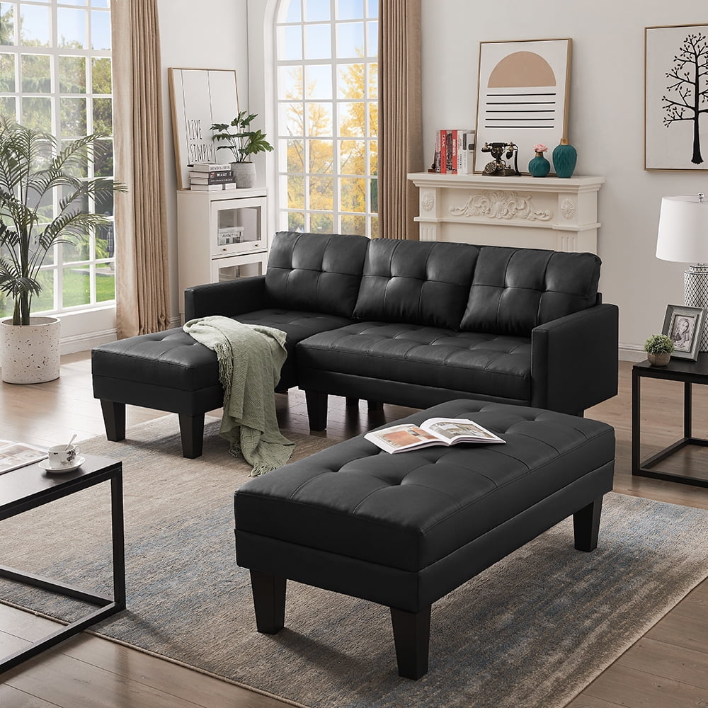 Kepooman Modern Reversible Sectional Sofa with Chaise, Faux Leather L-Shape Sofa for Apartment Small Spaces, Black Kepooman Modern Reversible Sectional Sofa with Chaise, Faux Leather L-Shape Sofa for Apartment Small Spaces, Black