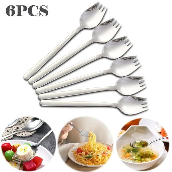 6 PCS Stainless Steel Spork,Dinner Forks Stainless Steel Fruit Fork Spoon Long Handle Ice Cream Salad Dessert Tableware Multi-Function Silver Spork
