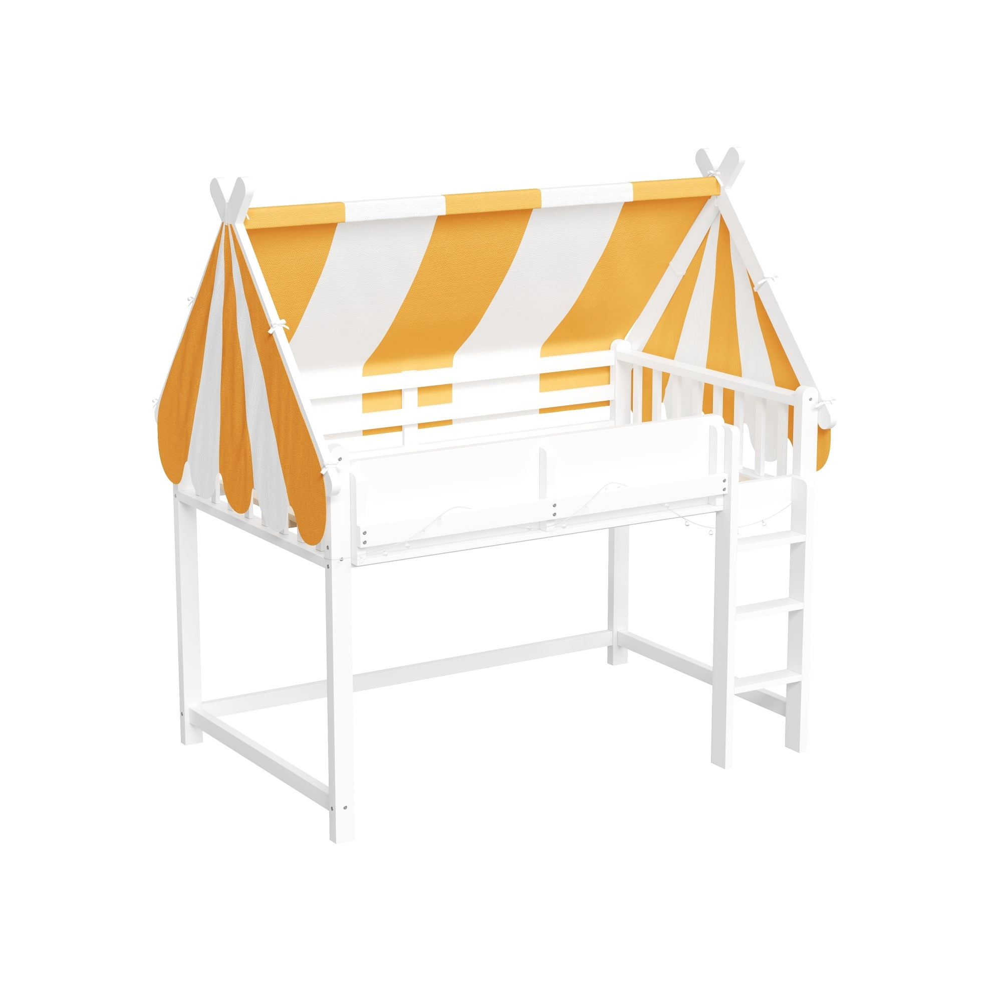 Euroco Wood Full Size Loft Bed with Shelves, House Canopy Bed with LED Light, White