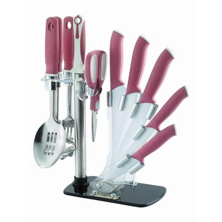 Lightahead® Lightahead Stainless Steel 11 pcs Colored Knives set - Chef, Bread, Slicer, Utility, Paring Knife, Scissor, Sharpener, Slotted, Seasoning, Spaghetti Spoon with Acrylic (Best Knife Sharpener On The Market)