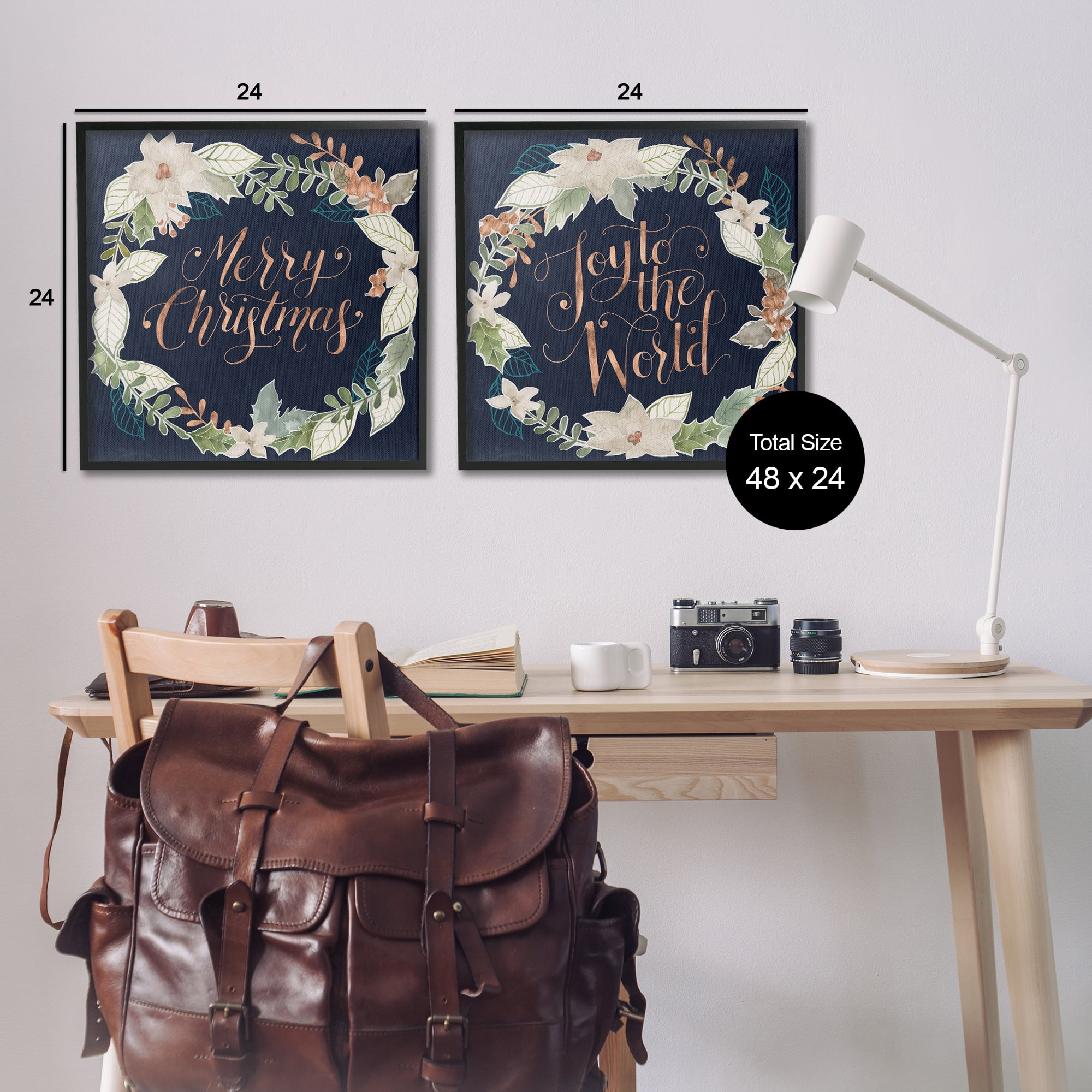 Stupell Industries Merry Christmas Joy Wreath Holiday Painting Black Framed Art Prints Wall Art, 24 x 24, Set of 2