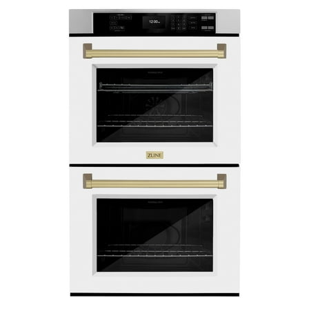 ZLINE 30 in. Autograph Edition Professional Convection Double Wall Oven with Air Fry and Self Clean in Stainless Steel with White Matte Doors and Champagne Bronze Handles (WADZ-WM-30-CB)