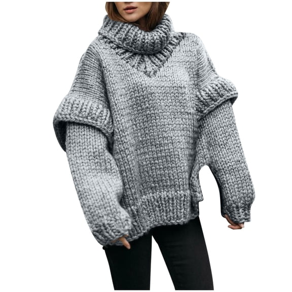 Ohufall Women's Knit Sweater Fall Winter Crew Neck Casual Pullover Solid Color Long Sleeve Warm Tops