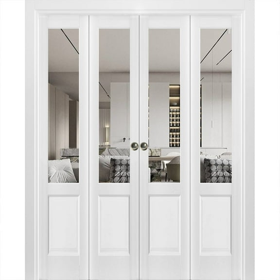 Sliding Closet Double Bi-fold Doors | Lucia 1533 White Silk with Clear Glass