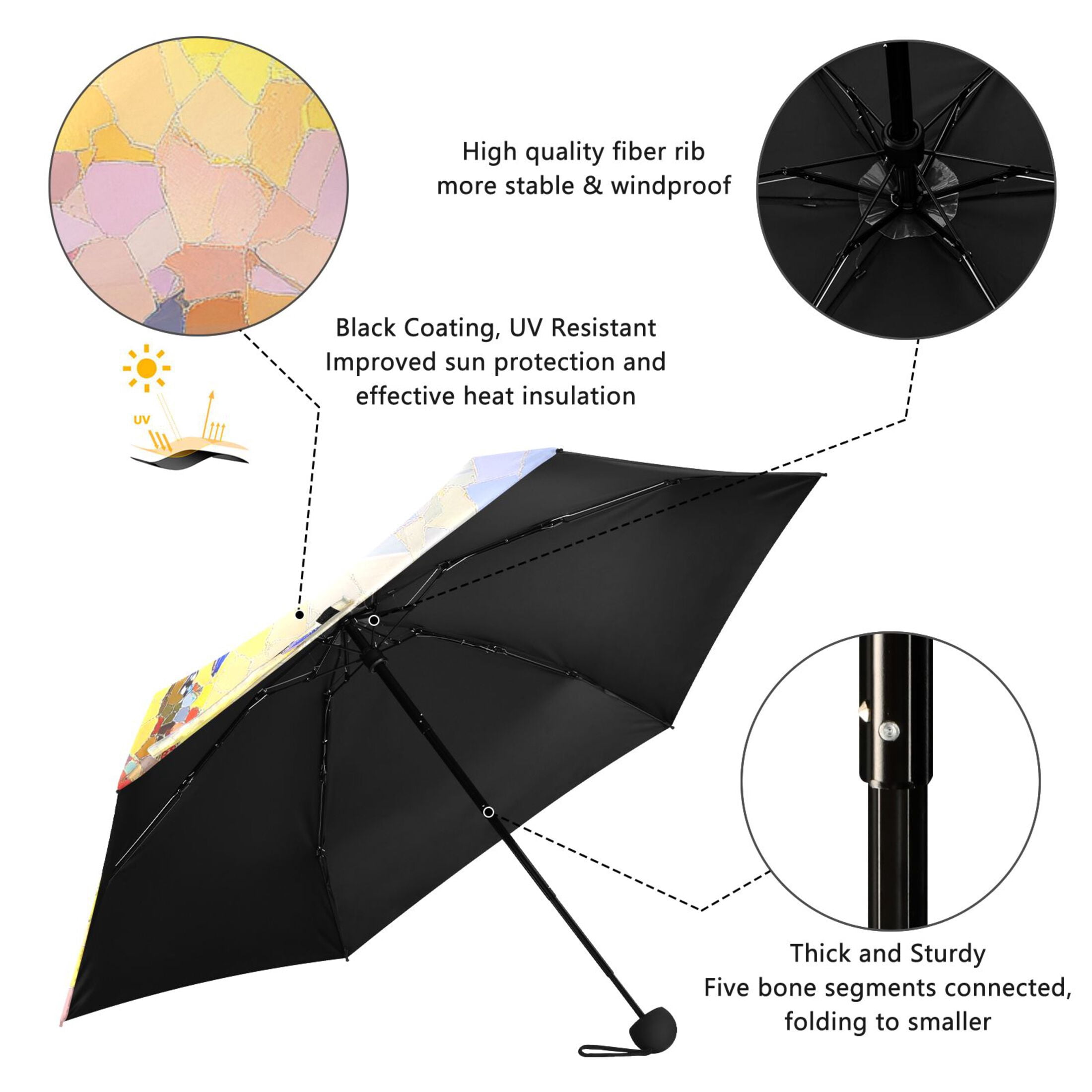 Mosaic Blue Jay Umbrellas for Sun Auto Open Close UV50+ Waterproof 5-Fold Compact Fiberglass Frame