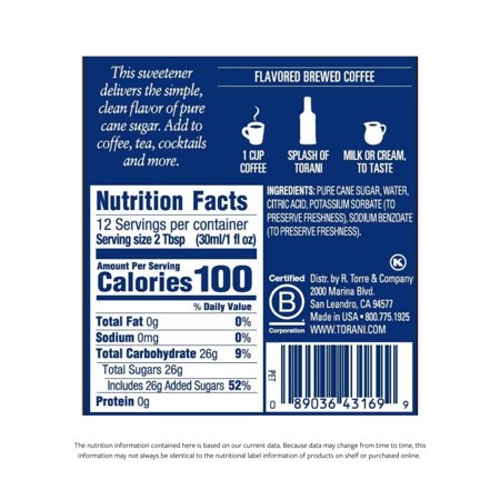 TORANI CANE SUGAR SWEETENER FLAVORING SYRUP, COFFEE FLAVORING, DRINK MIX, 12.7 OZ