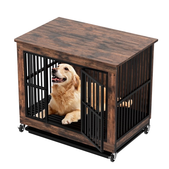 39" L Safe Dog Crate with Detachable Top, Chew Proof 0.59" Tube Kennel Furniture, Wooden Indoor House with Pull-Out Tray for Large Dogs, Rustic Brown End Table