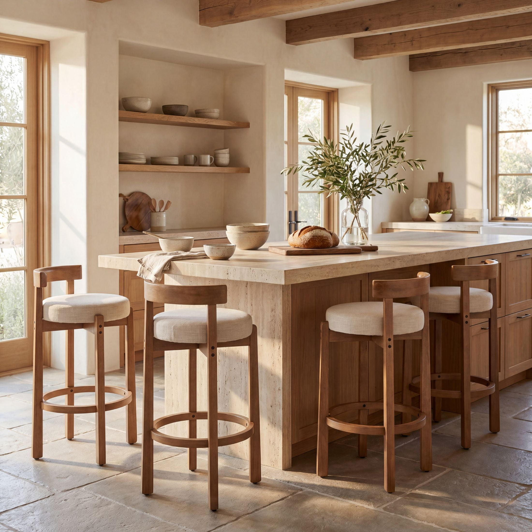 Guyou Bar Stools Set of 2, Mid Century Modern 30" Armless Island Bar Stools with Curved Back and Wooden Frame, Round Kitchen Stools with Footrest for Restaurant Bar Kitchen Island, Beige