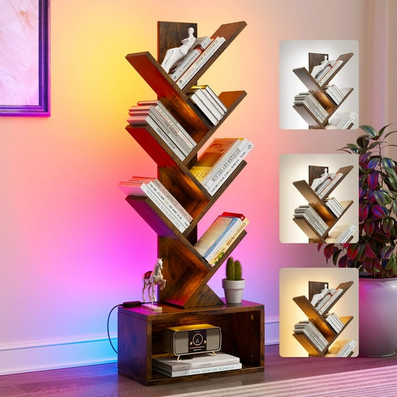 Estantería Evermagin de 6 niveles en forma de árbol con luces, color marrón rústico