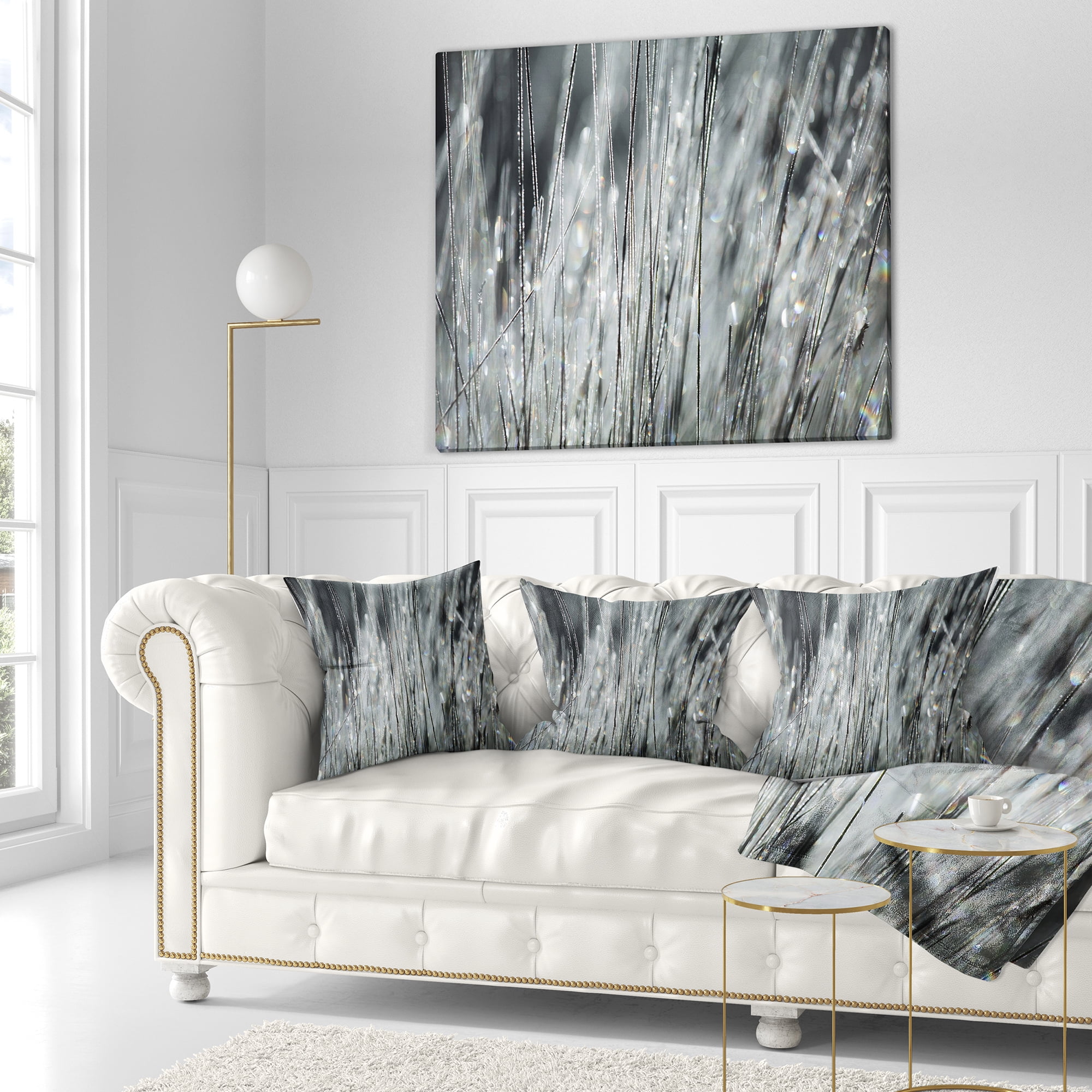 Designart Raindrops on Grass Black White - Landscape Printed Throw Pillow - 18x18