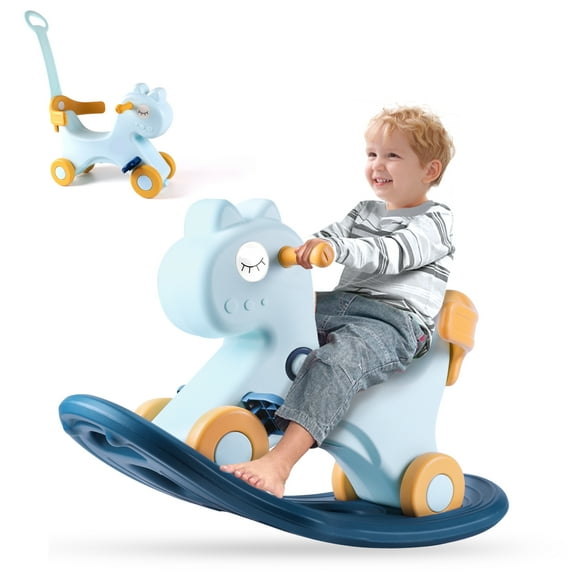 Wdmiya 4 in 1 Toddler Rocking Horse, baby Balance Bike Ride On Toys ages 1-3 years old, kids Unicorn Rocking toys with Push Handle, Birthday Gift for girls and boys, Blue
