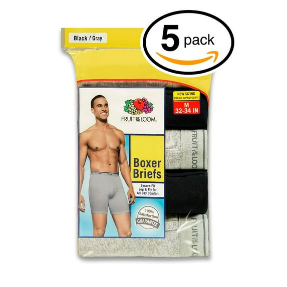 Fruit of the Loom Men's 5 Pack Boxer Briefs Underwear,100% Cotton,Black&Grey