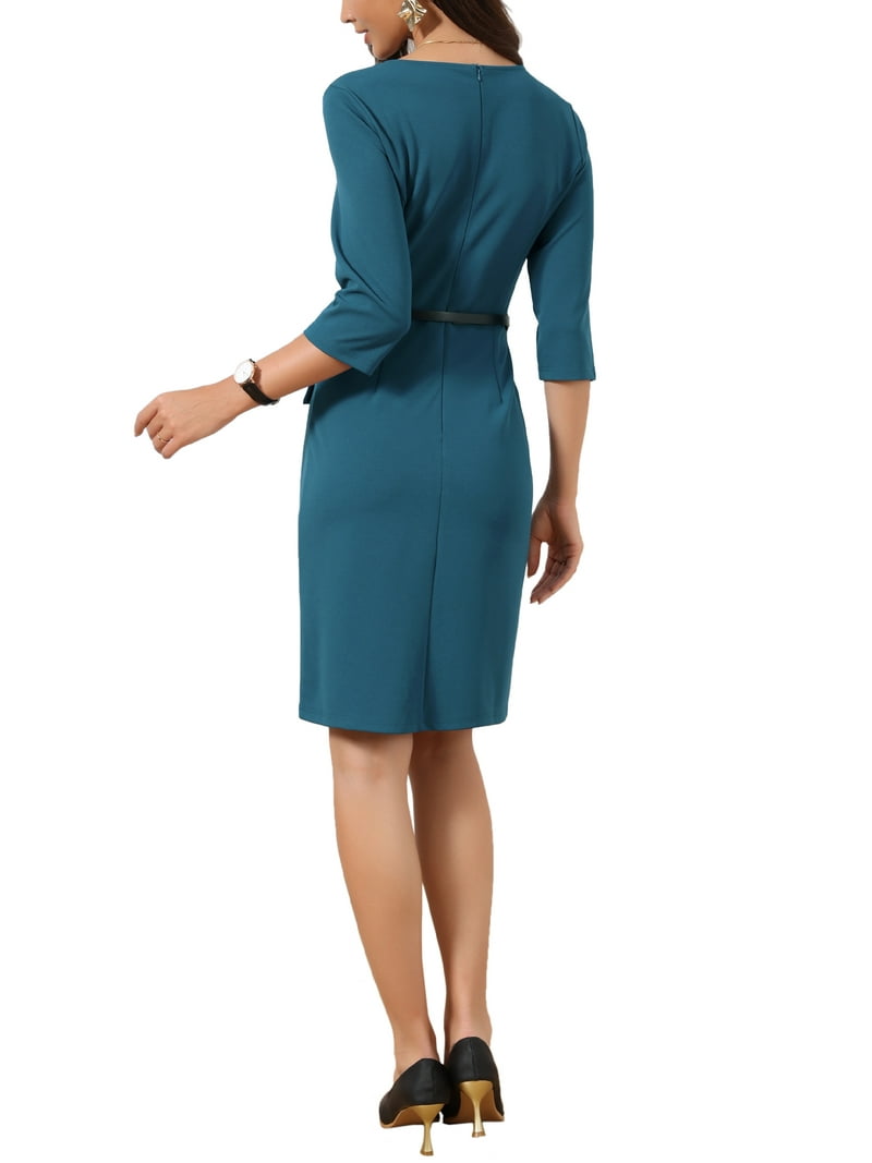 Inspire Chic Work Dress for Women's 3/4 Sleeve V Neck Casual Business Office Bodycon Sheath Dresses with Belt XS Blue Inspire Chic Work Dress for Women's 3/4 Sleeve V Neck Casual Business Office Bodycon Sheath Dresses with Belt XS Blue