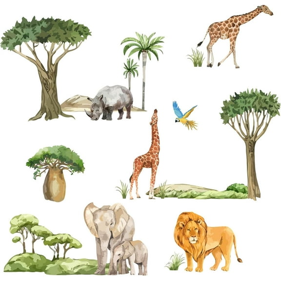 Tropical Animals Plants Stickers Elephant Lion Giraffe Wall Decal Rhinoceros Bird Coconut Tree Wall Decals Stickers DIY Art for Bedroom Living Room Kid's Room Decor colorful DIY
