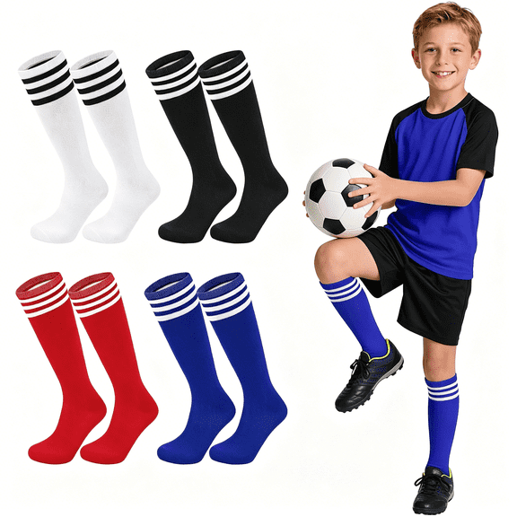TELOLY 4 Pairs Kids Soccer Baseball Socks Youth Boys Girls Long Striped Socks with Soccer Gifts
