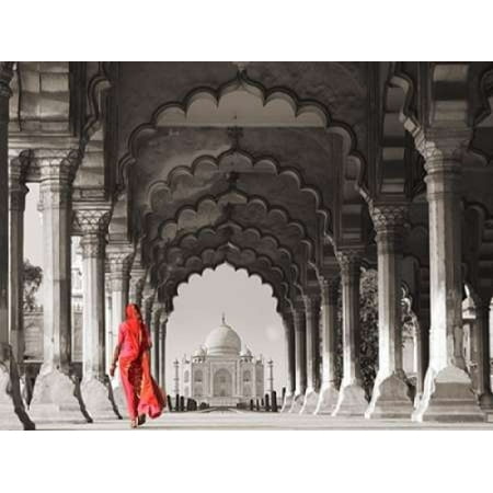 Woman in traditional Sari walking towards Taj Mahal Poster Print by Pangea
