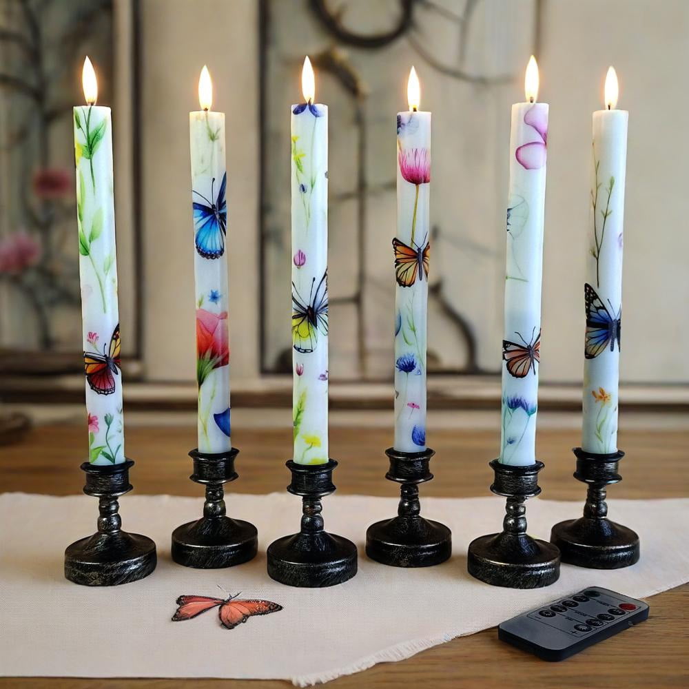 6PCS Printed Flameless Taper Candles, 10 Inch LED Candlesticks Battery Operated with 11-Key Remote, 3D Flickering Flame Lights for Wedding Party Home Decor Gifts